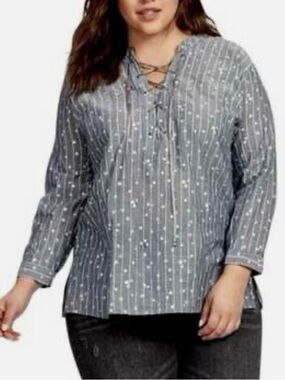 Johnny Was WorkShop Metallic Stars And Stripes Lace Up Top Blouse Blue Size 3XL